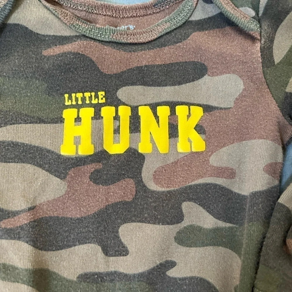 2 Carters longsleeve baby onesies camo “Little Hunk” striped red & white raccoon